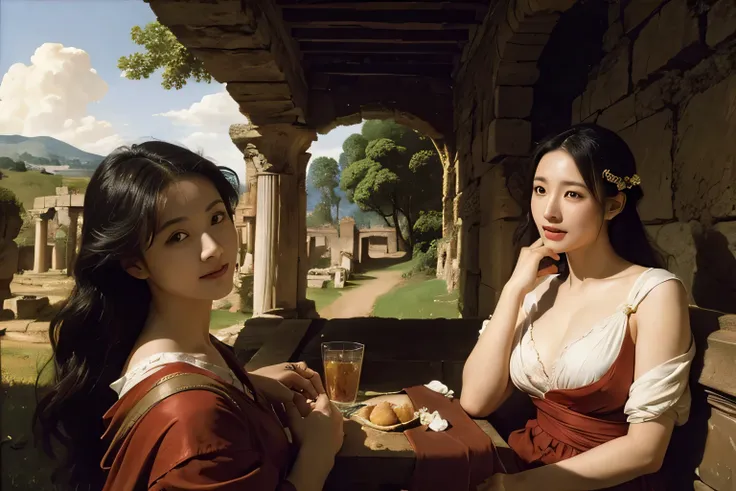 Ancient Roman ruins,Poussin-style landscape,A smile,,Sweet and seductive appearance.、Caravaggios paintings、Chiaroscuro of Caravaggio、Hair disheveled in the wind,Two women frolicking,Cute smile, Expression of ecstasy,A sexy,erotick