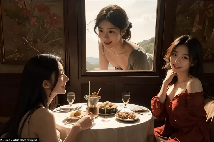 dinner party,Ancient Roman landscape in the style of Poussin,A smile,,Sweet and seductive appearance.、Caravaggios paintings、Chiaroscuro of Caravaggio、Hair disheveled in the wind,Two women frolicking,Cute smile, Expression of ecstasy,A sexy,erotick