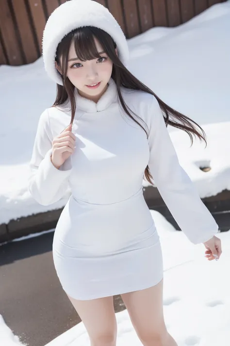 female idol、full body Esbian、Pure white mini cheongsam dress、large full breasts、Snow Run