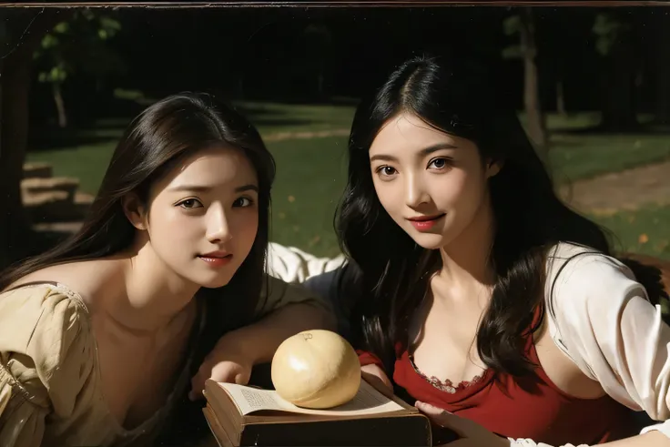 Female Scholar,Ancient Roman landscape in the style of Poussin,A smile,,Sweet and seductive appearance.、Caravaggios paintings、Chiaroscuro of Caravaggio、Hair disheveled in the wind,Two women frolicking,Cute smile, Expression of ecstasy,A sexy,erotick