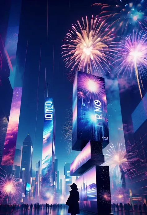 Dubrec style,Cybernetics appear in the sky.The prospect of fireworks on new year’s Eve 2024,Gorgeous fireworks,(multiple exposure1.8),(Digital signage,2024:1.5),technology city,artificial intelligence neuron,network matrix,new year&#39;eve visual poster,In...