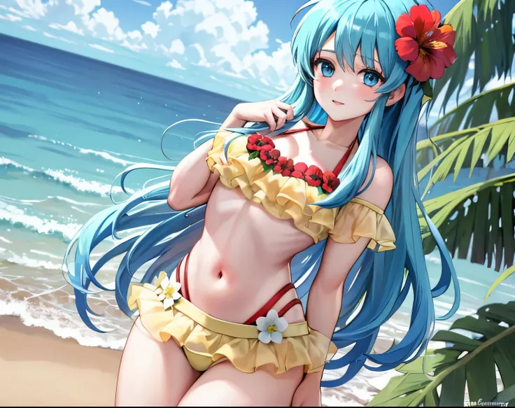 cowboy shot, sum_eirika, looking at viewer, swimsuit, bikini, red flower in hair, (masterpiece, best quality, ultra-detailed, best shadow),