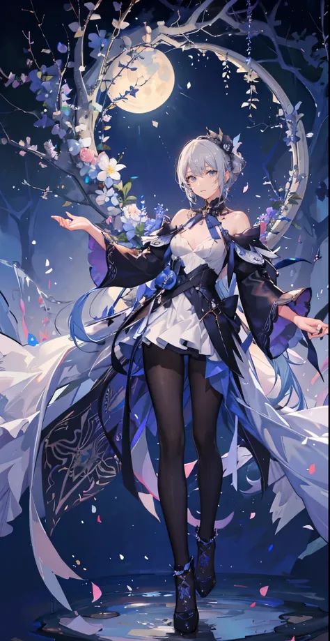 (masutepiece), (Best Quality), Highly detailed, (One boy:1.4), (full body photographed:1.3)，tall，face perfect, Beautiful face, extra detailed face，Gray-haired shorthair，florals，butterflys々，floralsびら，optic，waterface，a moon，Fantasia，Fantastical，mystical