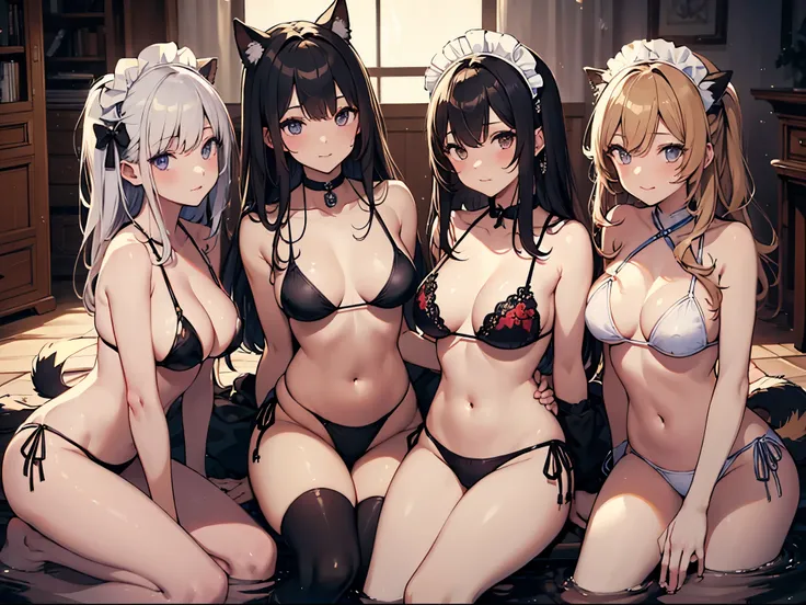 (((girls group))), (((Group illustration))), (((girls wants sex))), (in large bed), (animal girls), (animal ears), (animal tail), ((glamour bodys)), (((maid style bikini))), (night), (swet), (wet skin), ((erotic girls)), ((sensual girls)), warm color schem...