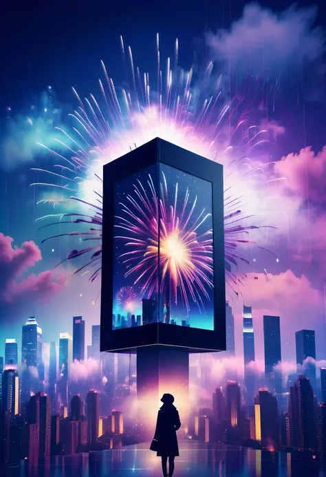 Dubrec style,Cybernetics appear in the sky.The prospect of fireworks on new year’s Eve 2024,Gorgeous fireworks,(multiple exposure1.8),(Digital signage,2024:1.5),technology city,artificial intelligence neuron,network matrix,new year&#39;eve visual poster,In...