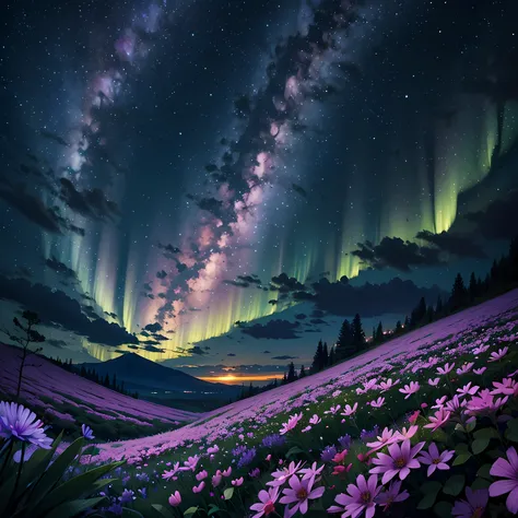 A forest of glycine flowers and Japanese cherries. Couleurs : bleu, noir, rose. Aurora borealis. Couleur ciel. Centerpiece (Japon, Starrysky, Nuit), montagnes, foret, Les bois. Fleur de glycine multicolore. Japon. Nuit