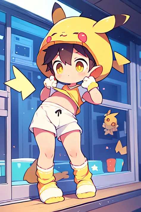 chubby Little schoolboy with golden hair and shiny gold colored eyes and colorful sockes wearing a Pikachu costume sitting on a bench, young, schoolboy, Gamine, small, toddler, Soft lighting, (sockes:1.4), (little schoolboy:1.4), (shota:1.4), (Cute big bre...