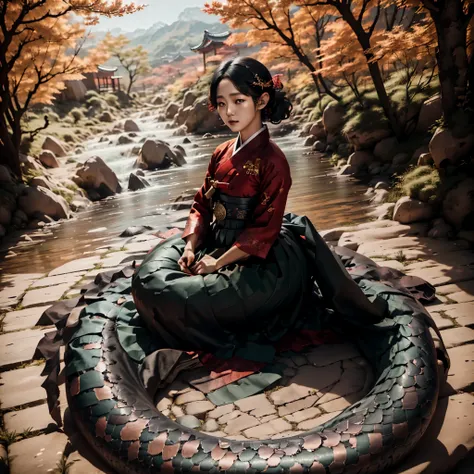 black scales(best quality,4k,8k,highres,masterpiece:1.2),ultra-detailed, korean goddess eopsin, kim go-eun, wearing red hanbok, ...