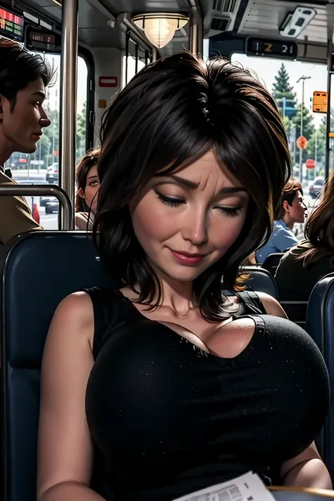 Aunt Cass falling asleep on a bus.  She looks like shes had a long day and just needed a nap.  There are a lot of men watching her from the other seats with predatory grins on their faces.  Aunt Casss large fake breasts look gigantic in her tight black top...