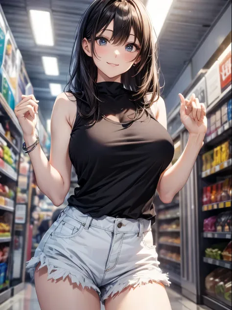 top-quality、Full limbs、complete fingers、one beautiful women、Beautiful busty woman、Women with straight hair、Brown-haired woman、A big smile、((white sleeveless t-shirt:1.3))、((short trousers of black color:1.3))、Black knee socks、shopping mall、Naughty Poses