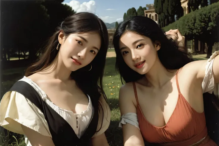 concert,Ancient Roman landscape in the style of Poussin,A smile,,Sweet and seductive appearance.、Caravaggios paintings、Chiaroscuro of Caravaggio、Hair disheveled in the wind,Two women frolicking,Cute smile, Expression of ecstasy,A sexy,erotick