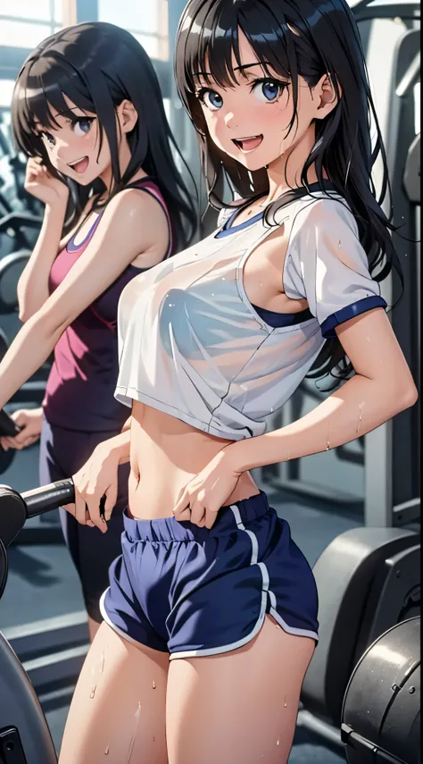 1womanl,Black hair,14 year old beautiful breasts,(((Sexy white and blue shiny gym clothes and short cheeks、Smile with open mouth)),(((Satin Narico))),((( portlate))),Crowds,Shiny white gym uniform and blue shorts,Wet with sweat,athletic field,see -through