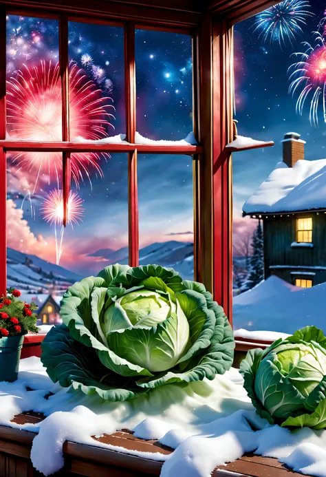 （close-up of cabbage piled on windowsill，knotted with red rope），background with：a night of festive fireworks blooms in the snowy...