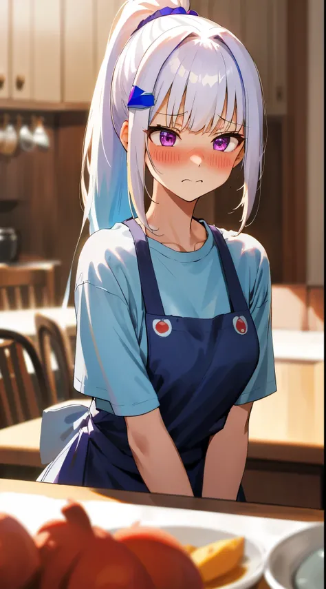 One girl with high ponytail hair, bangs, white hair, blue inner hair:1.25) , purple eyes, looking away, blushing, embarrassed, indoor, dining room, kitchen, table, sitting, t shirt, apron, mid-chest, day atmosphere, hair ornament, medium breasts, upper bod...