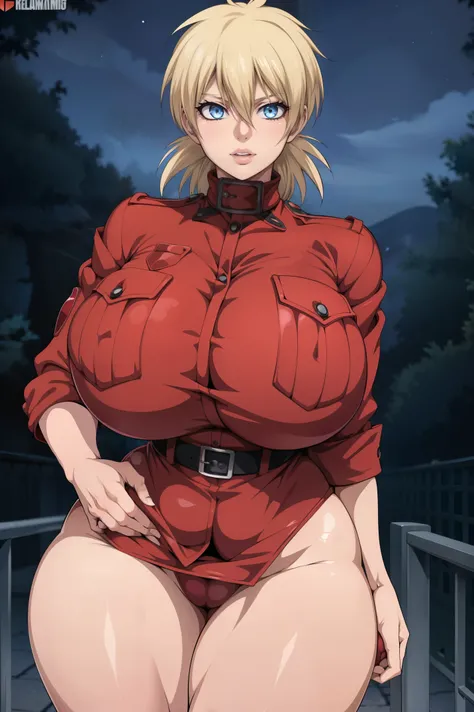 Hellsing Ultimate, Seras Victoria, 1girl, ((bimbo))), spikey blond hair, Blue eyes, puffy lips, thick lips, wide hips, thick thighs, enormous round breast, huge ass, oily shiny skin, breasts squeezed together, police uniform, posing, night time