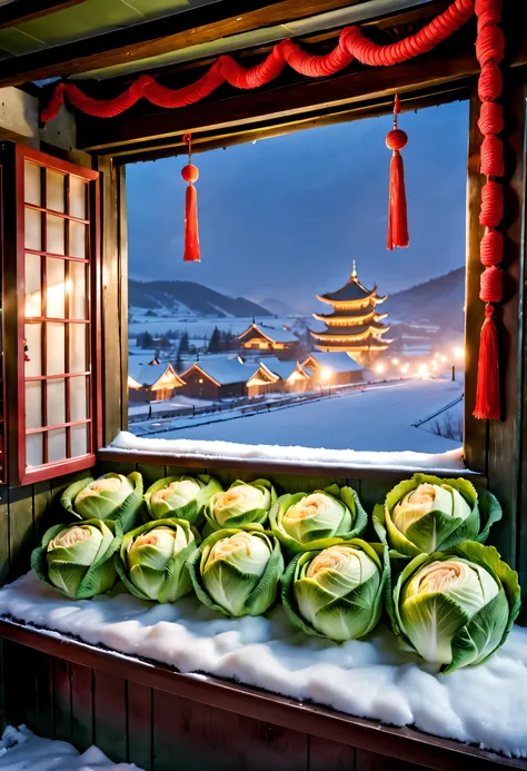 snow-covered northeastern countryside with fireworks blooming at night, (the window sill is filled with piles of northeastern ca...