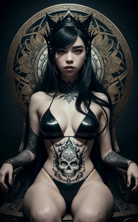 (DuaLipa) is a beautiful charming vampire queen sitting on a throne, carved out of dark smoke, pale skin,dark fantasy background, black, circular colored smoke, waves of shadows at night, abstract skull ornaments, messy hair, soft colors, flat 4d street ar...