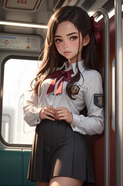 {there is a young girl standing on a train. she is beautiful, and attractive. she is wearing a european school uniform. she has beautiful long brown hair, and beautiful hazel eyes. she has her hair tied up with a ribbon. she is holding onto a handgrip as t...