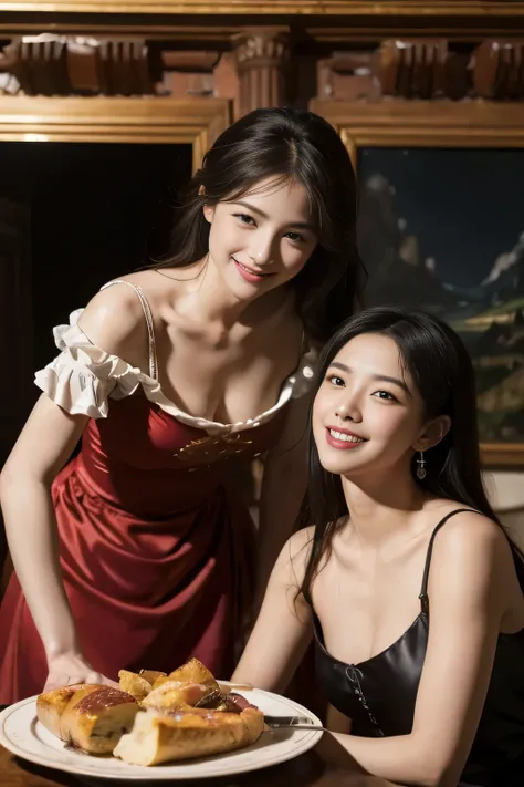 dinner party,Ancient Roman landscape in the style of Poussin,A smile,,Sweet and seductive appearance.、Caravaggios paintings、Chiaroscuro of Caravaggio、Hair disheveled in the wind,Two women frolicking,Cute smile, Expression of ecstasy,A sexy,erotick