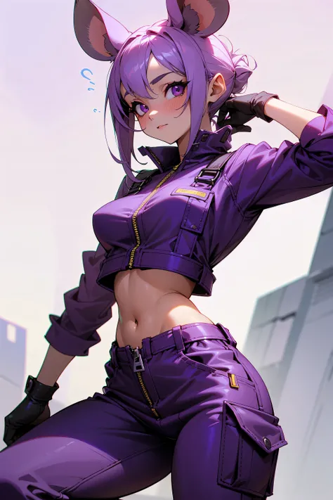 A beautiful, fit, grey skinned mouse girl wearing a purple set of utility overalls unzipped to her midriff. She is covered in grey fur and her face is very mouse-like with a long muzzle and a pink mouse nose. She has mouse ears. She is very sexy and cute a...