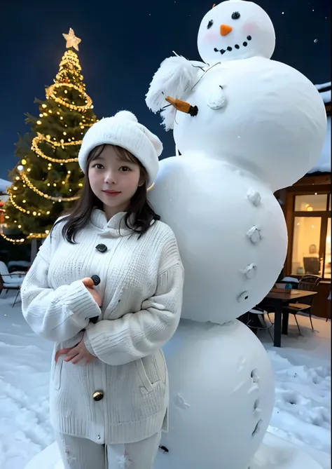 snowscape、outside of house、Scandinavian cityscape、illuminations、Christmas、night cityscape、(snowman:1.2),hips up high,((posterior view)),santa claus,aurora covers the sky,slenderbody