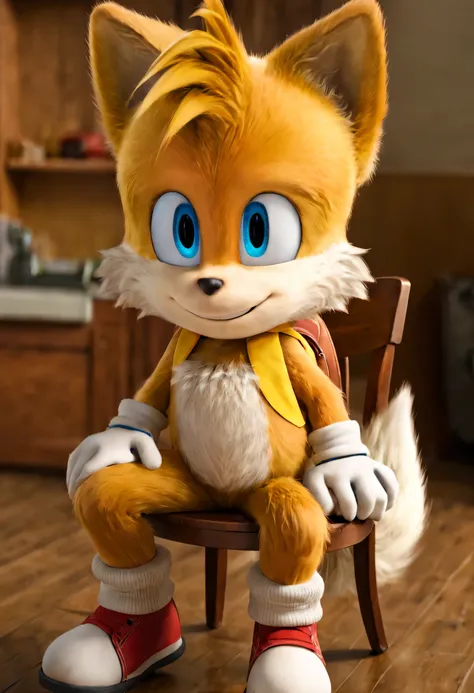 tails prower, miles prower, solo, looking at viewer, smile, 1boy, standing, full body, sitting on chair, looking at viewer