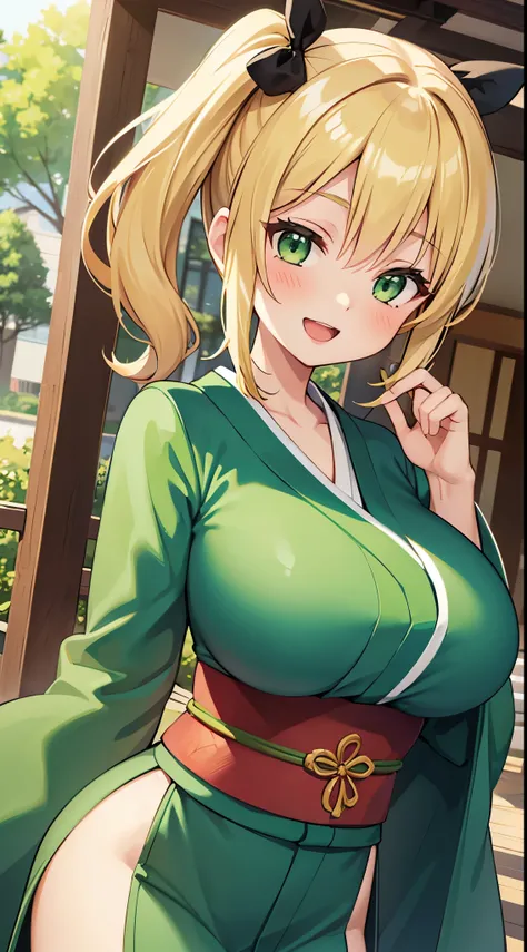 1 girl, game cg, gorgeous green kimono, gigantic breasts, blonde, middle hair, side ponytail, green eyes, smile, open mouth, dynamic, outdoor,