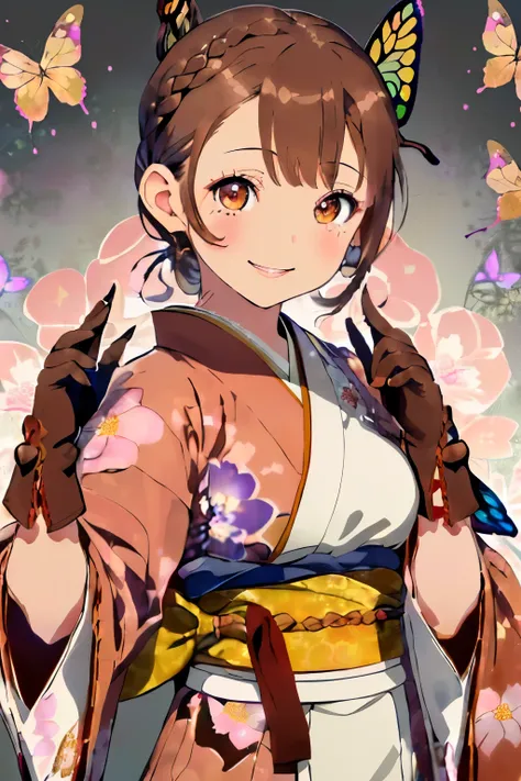 (Brown hair),(Braided shorthair:1.4),(Brown eyes:1.3),(With bangs),Slight red tide,(gloves:1.5),(Kimono with cute design:1.4),(butterfly pattern:1.3),(place々Japanese clothes with lace:1.3),(Brown short boots),(Happy smile:1.1),(Smiling smile:1.15),(Kadomat...