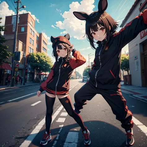 Megumin, Roadman Reino Unido, Pandilla con ropa negra, Wear a balaclava, Usar una chaqueta de goteo, realista, con guantes negros, Rodeado de caminantes, Poses rudas,6 personas, posing for camera, sombra,close up of 6 personas