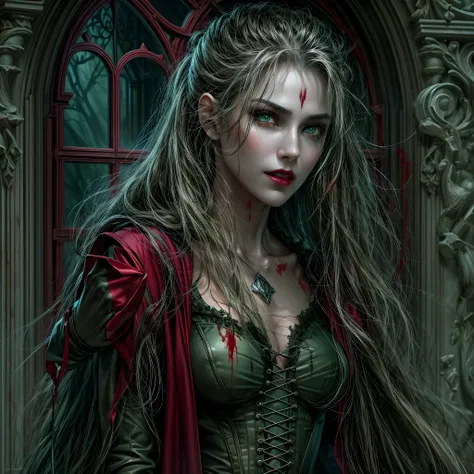 a picture of vampire standing in the front of her home holding a (blood: 1.3) dripping (gift box: 1.5), an exquisite beautiful f...