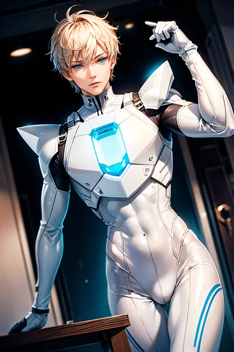 (White tight body suit), masterpiece, futuristic suit, gloves, white gloves, skin tight bodysuit, toned male, teenager, young male, beautiful face, bodysuit, (futuristic), (sci fi suit), toned male, bulge, shoulder guard, neck guard, blue eyes, tight white...