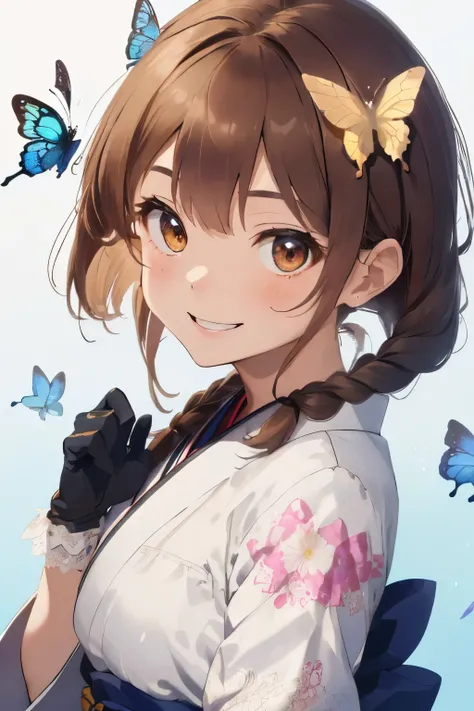 (Brown hair),(Braided shorthair:1.4),(Brown eyes:1.3),(With bangs),Slight red tide,(gloves:1.5),(Kimono with cute design:1.4),(butterfly pattern:1.3),(place々Japanese clothes with lace:1.3),(Brown short boots),(Happy smile:1.1),(Smiling smile:1.15),(Kadomat...