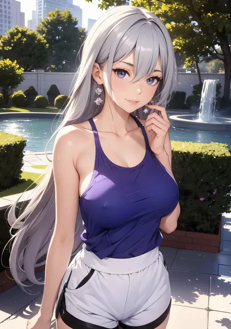 Masterpiece, best quality, highres, highly detailed, 1 girl, long hair, silver hair, gray eyes, pair purple and blue earrings, large breast, white sport tank top, mini short pants, she wet, drenched, nipple perked out from under shirt, clothes sticking to ...