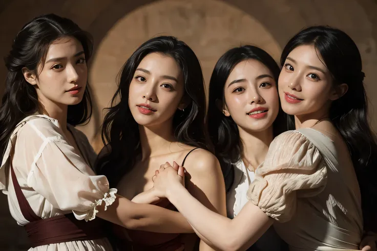 Ancient Roman landscape in the style of Nicolas Poussin,Three women holding hands and dancing in a circle,,A smile,,Sweet and seductive appearance.、Caravaggios paintings、Chiaroscuro of Caravaggio、Hair disheveled in the wind,three women playing,Cute smile, ...