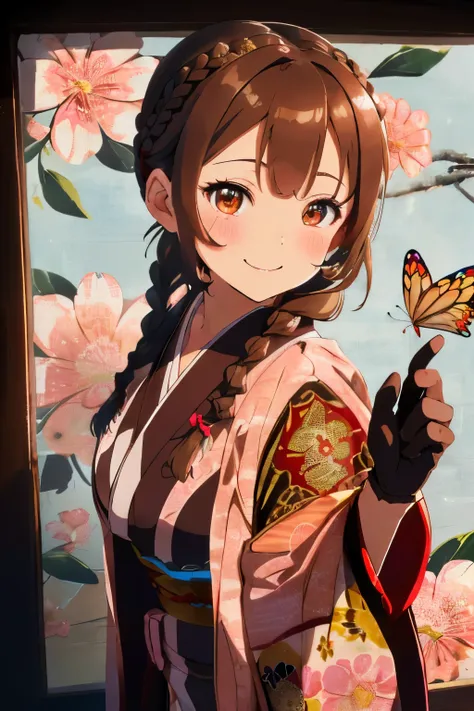 (Brown hair),(Braided shorthair:1.4),(Brown eyes:1.3),(With bangs),Slight red tide,(gloves:1.5),(Kimono with cute design:1.4),(butterfly pattern:1.3),(place々Japanese clothes with lace:1.3),(Brown short boots),(Happy smile:1.1),(Smiling smile:1.15),(Kadomat...