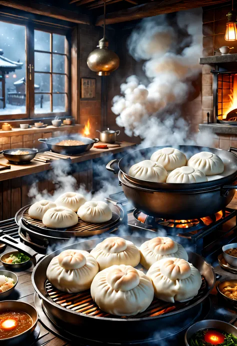 snow covered night，东北rustic节日烟花绽放, (steaming steamed buns in a big pot on the northeast stove),the content is very detailed, bes...