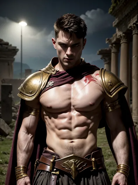 ((masterpiece)),((best quality)),8k, high detailed, ultra-detailed, Stylish Pose, real skin texture, dark cinematic lighting, full body shot, 35 mm lens, night, dark night, masculine, 26-year-old Italian male model, handsome Roman, he is the god of war, he...