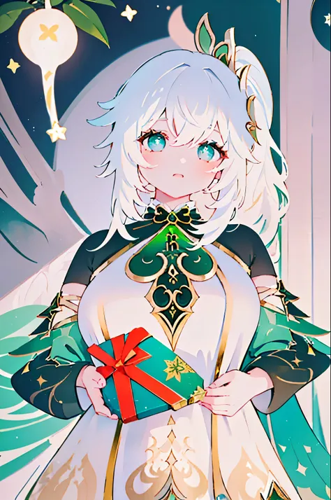 ((  nahida  from Genshin impact)) ,(1 girl ) short high , Skinny body type, blonde Long haircut , happy face expression , ( cute dress), (((holds out a gift)) , santa hat , (Masterpiece), (high quality) , (8k), ((xmas decorated room))