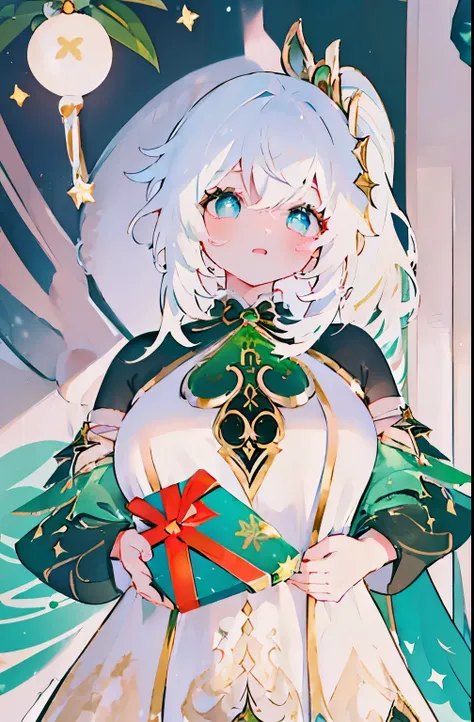 ((  nahida  from Genshin impact)) ,(1 girl ) short high , Skinny body type, blonde Long haircut , happy face expression , ( cute dress), (((holds out a gift)) , santa hat , (Masterpiece), (high quality) , (8k), ((xmas decorated room))
