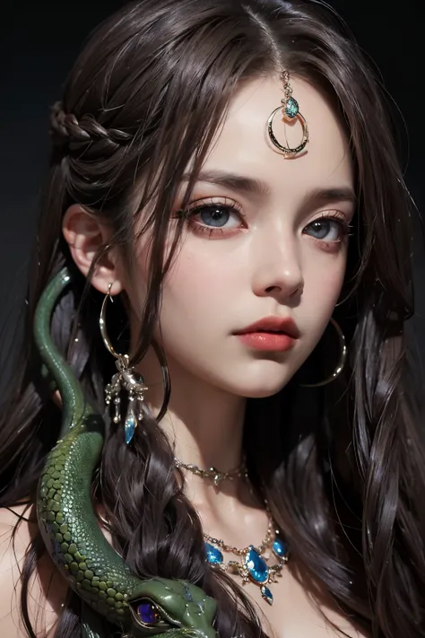 Absurd, ultra-detailed, high quality, detailed face, beautiful eyes, Medusa, the Gorgon, the Gorgon with serpent hair, possesses a complex mix of beauty and terror, mesmerizing gaze,