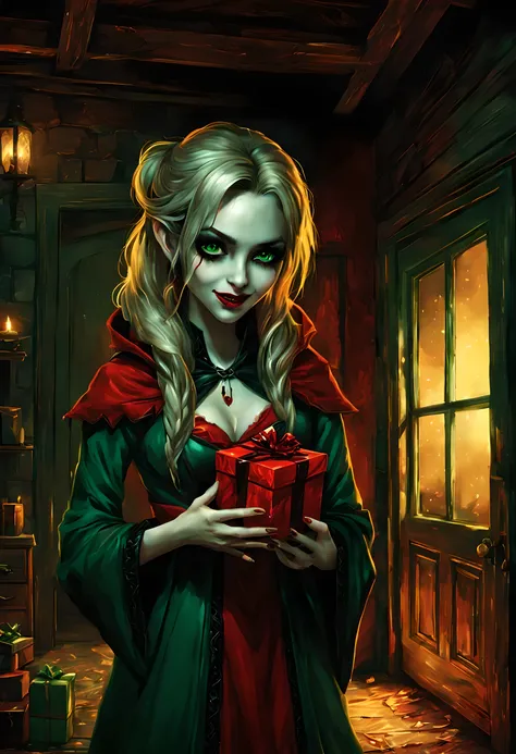 a picture of vampire standing in the front of her home holding a (blood: 1.3) dripping (gift box: 1.5), an exquisite beautiful female vampire in her front door of her home, full body (ultra detailed, Masterpiece, best quality), ultra detailed face (ultra d...