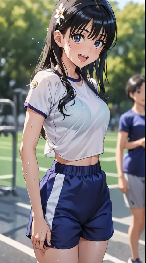 1womanl,Black hair,14 year old beautiful breasts,(((Sexy white and blue shiny gym clothes and short cheeks、Smile with open mouth)),(((Satin Narico))),((( portlate))),Crowds,Shiny white gym uniform and blue shorts,Wet with sweat,((athletic field)),see -thro...