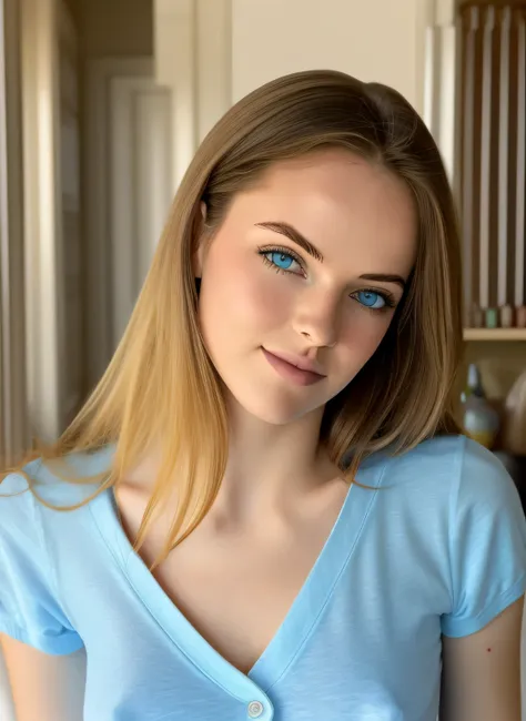 frau stehend, 22 Jahre alt, Stehendes Sperma pinkelt durch die Vagina und macht den Boden nass, dreamy look, blondes Haar, blaue Augen, runny, kleine Brust, Kleiner Hintern, offene Bluse, vor Bergen, bei Sonnenuntergang