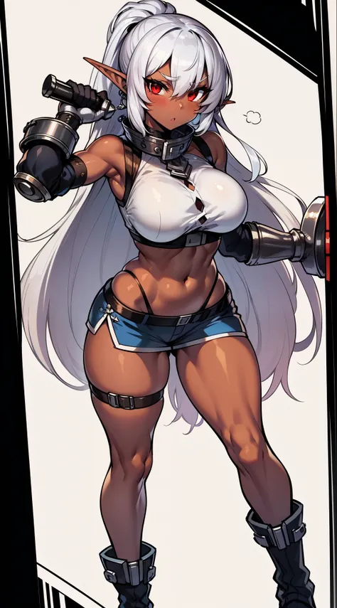 Dark elf girl, dark skin, red eyes, silver hair, mini skirt, shorts, high stockings, boots, fighting gloves, slim body, big breasts, 8k, hd, materpiece, many details, white background