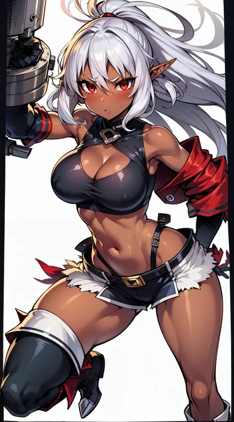 Dark elf girl, dark skin, red eyes, silver hair, mini skirt, shorts, high stockings, boots, fighting gloves, slim body, big breasts, 8k, hd, materpiece, many details, white background