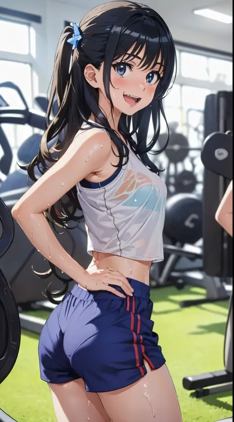 1womanl,Black hair,14 year old beautiful breasts,(((Sexy white and blue shiny gym clothes and short cheeks、Smile with open mouth)),(((Satin Narico))),((( portlate))),Crowds,Shiny white gym uniform and blue shorts,Wet with sweat,((athletic field)),see -thro...