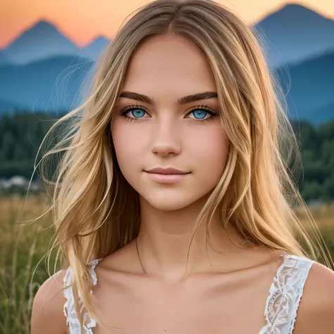 ((best quality)), ((Meisterwerk)), (Detailliert), Perfektes Gesicht, 17 year old girl in front of mountains at dusk, Kizi, 18 Jahre alt, dreamy look, blondes Haar, blaue Augen, runny, kleine Brust, Kleiner Hintern, offene Bluse, vor Bergen, bei Sonnenunter...