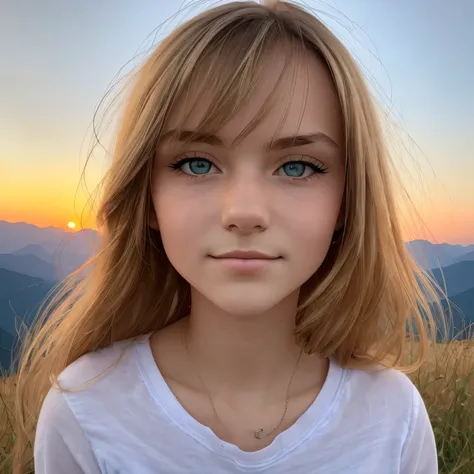 ((best quality)), ((Meisterwerk)), (Detailliert), Perfektes Gesicht, 17 year old girl in front of mountains at dusk, Kizi, 18 Jahre alt, dreamy look, blondes Haar, blaue Augen, runny, kleine Brust, Kleiner Hintern, offene Bluse, vor Bergen, bei Sonnenunter...