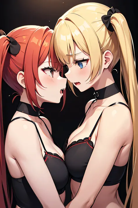 A girl with blonde hair and twin tails and a girl with red hair and twin tails,Facing each other, Open your mouth wide to the limit,Smell each other&#39;breathless