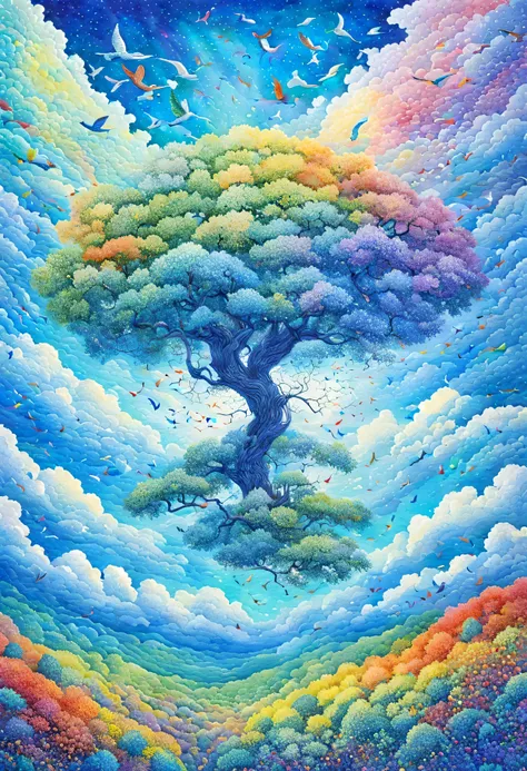 Exix miner is Arderial&#39;rainbow dream landscape、emerge from the clouds。, World Tree、Birds are flying、masutepiece, Best Quality, bright blue sky in the background, in pointillist art style、masutepiece、topquality、